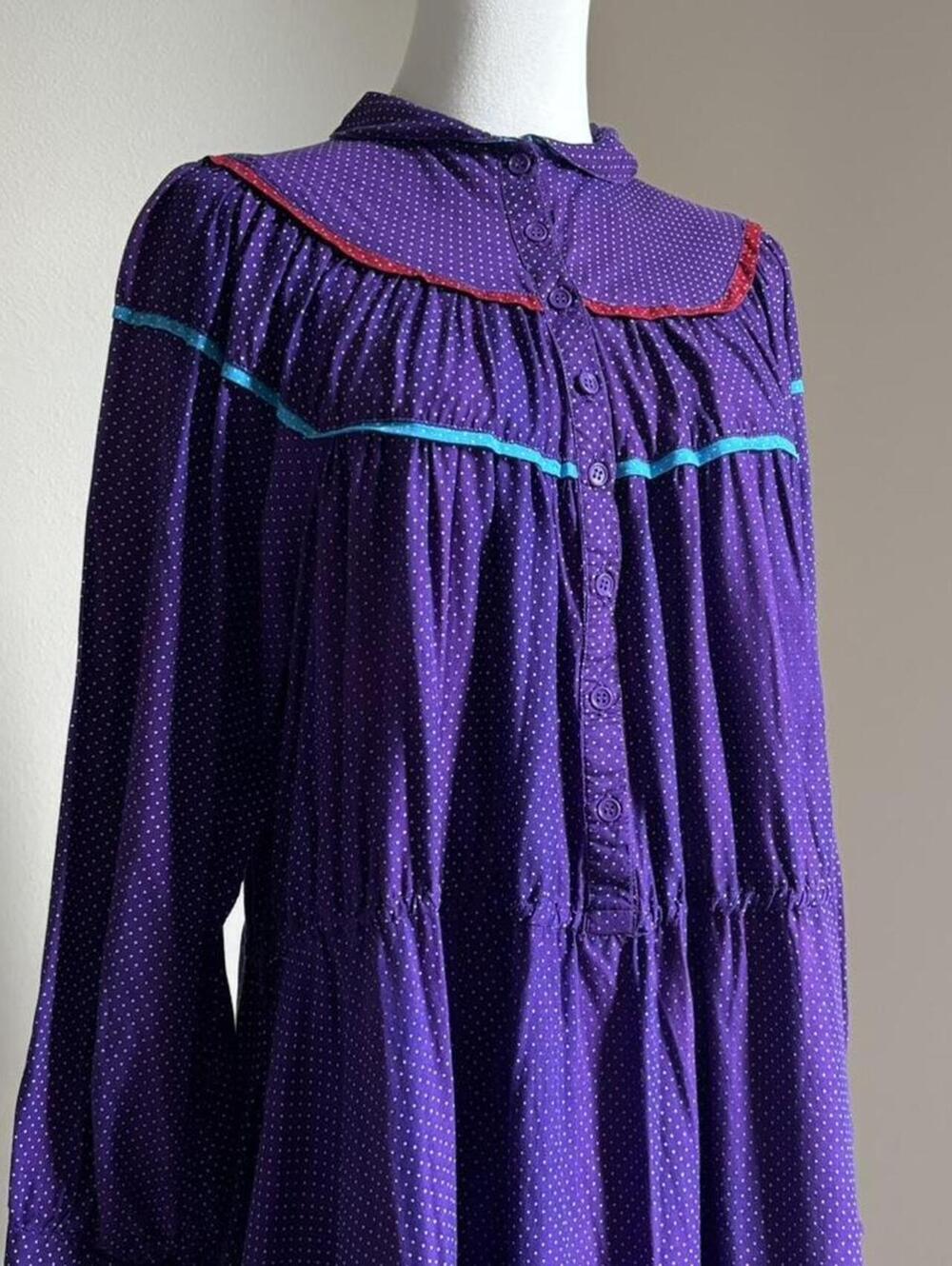 Vintage Cotton Prairie Dress Purple Polka Dot Midi Maxi M - Picture 2 of 8